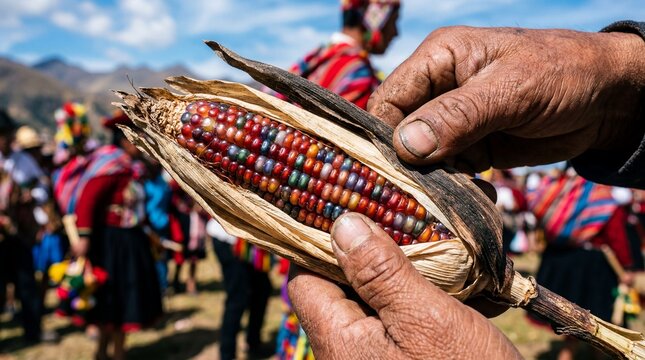 Inti Raymi festival corn in farmer hands with Andean crowd in Peru
