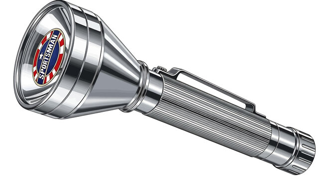 Vector illustration of a vintage chrome flashlight with a sportsman brand logo