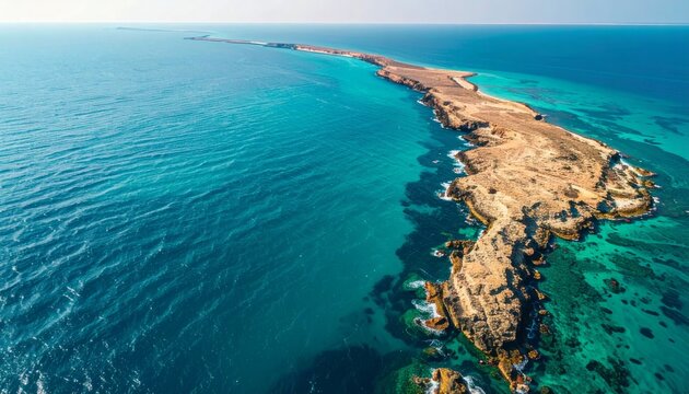 Aerial view of a narrow tropical island in turquoise sea