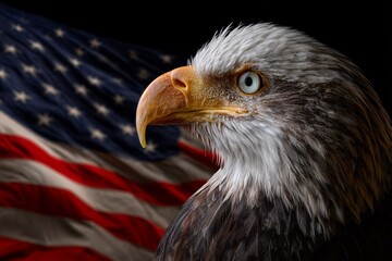 Naklejka premium Majestic Bald Eagle and Waving American Flag. Wavy American flag with an eagle symbolizing strength and freedom. 4th of July Memorial or Independence day background