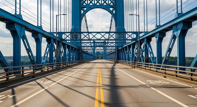 Blue Bridge Structure with Roadway and Sky.