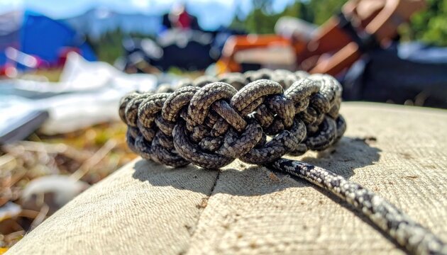 Intricately woven paracord bracelet showcasing strong knot work and practical outdoor utility