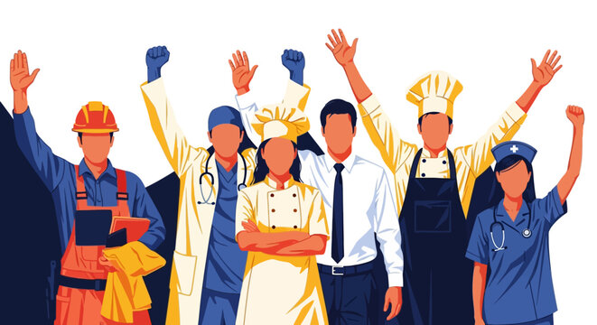 Perayaan Hari Buruh Internasional dengan berbagai profesi pekerjaan, ilustrasi vektor flat solidaritas pekerja May Day.