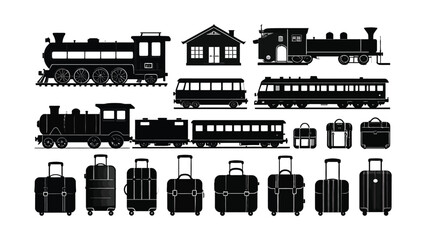Obraz premium Black silhouettes of trains and luggage.
