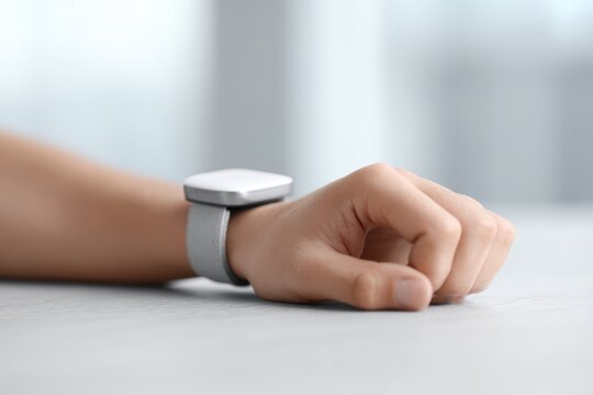 Close up of a diabetic patient using a smart glucose monitor on their arm, wearable tech