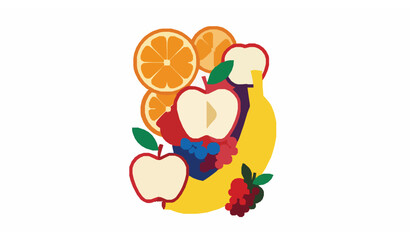 Fototapeta premium Bold abstract fruit poster with geometric apple banana orange and berries in contemporary vector design
