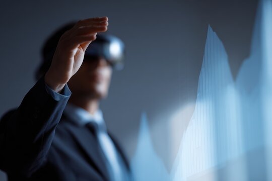 Man in a business suit using AR glasses to view a 3D financial chart in the air