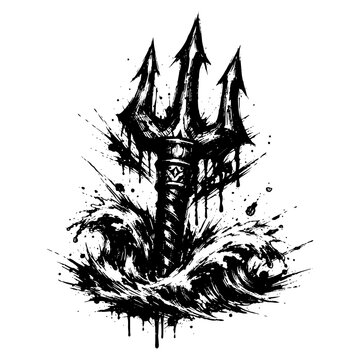 Ink Trident Symbol, Black ink trident emerging from turbulent splashes, with circular symbol at the center