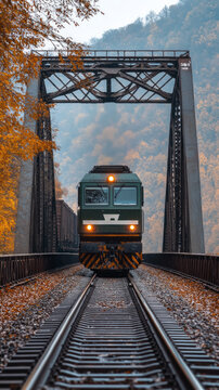 A green train on a bridge amidst an autumnal forest conveys a sense of movement, creating an inspiring backdrop for rail travel.