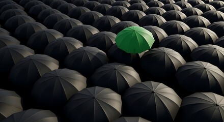 Obraz premium One Vibrant Green Umbrella Standing Out in a Sea of Black Umbrellas Concept