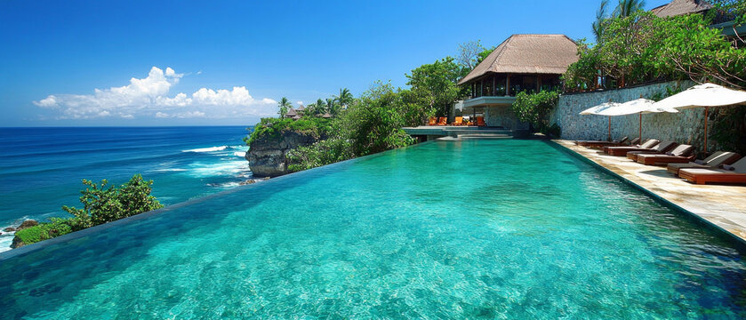 The infinity pool overlooking the ocean exudes luxury, providing a striking backdrop for tropical relaxation.