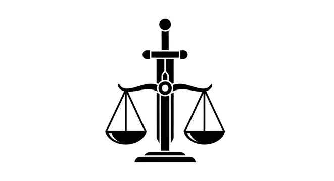 Black silhouette of a sword and balance scale, symbolizing justice, law, and fairness on a white background.
