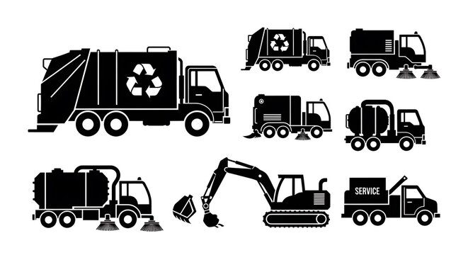 Black silhouette waste management vehicles.