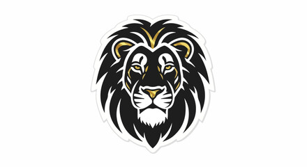 Fototapeta premium Stylized Lion Head Emblem with Black Mane and Gold Accents, Isolated on White Background, Powerful Symbol