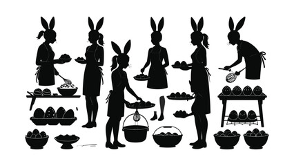 Obraz premium Vector illustration of people with rabbit ears preparing Easter eggs.