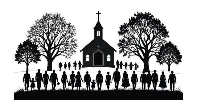 A group of people standing in front of a church.