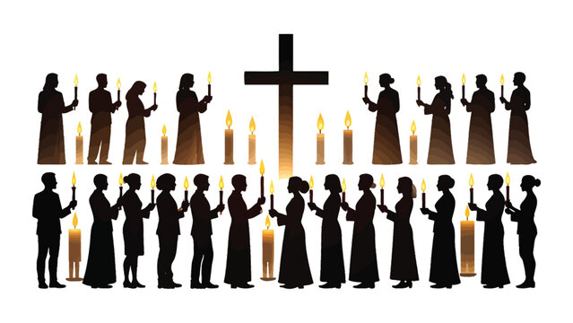 Silhouettes of people holding candles around a cross.