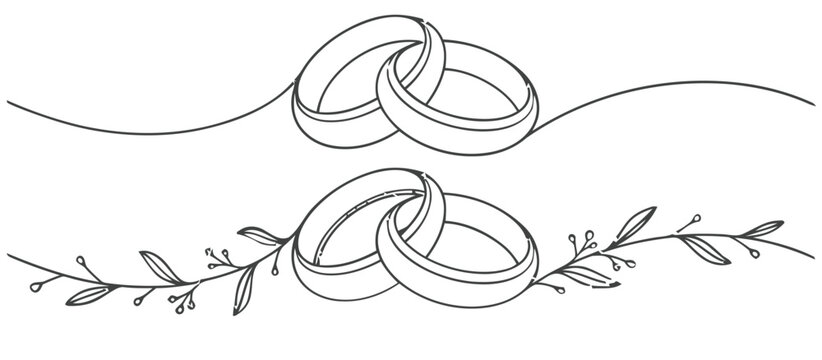 Interlocking wedding rings with delicate floral line art decoration