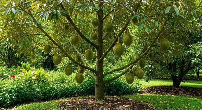 Durian Tree Abundance - Lush Orchard with Spiky Fruits.