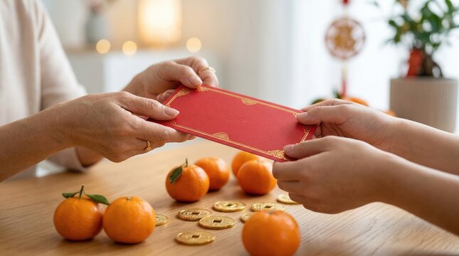 Giving red envelope with coins and mandarins for Chinese New Year