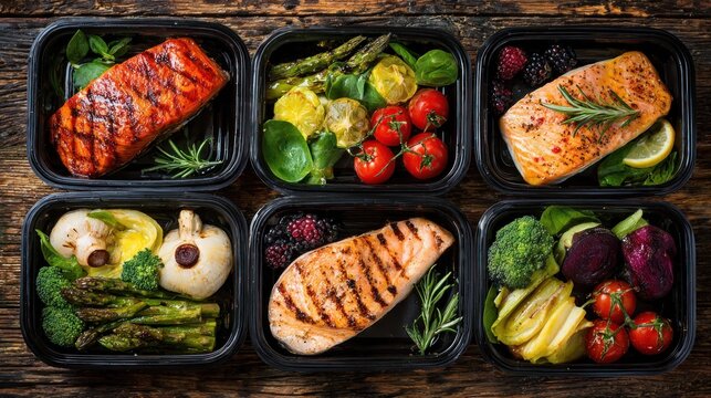 Six prepackaged containers display balanced meals featuring grilled fish and fresh vegetables