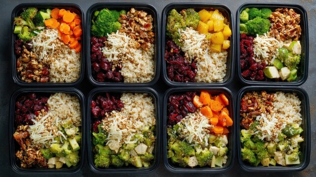 Eight individual servings of prepackaged healthy grain bowls prepared for weekly meal planning