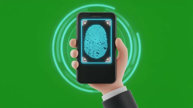 Hand holding smartphone with glowing fingerprint scan, abstract visualization of biometric authentication and mobile security.