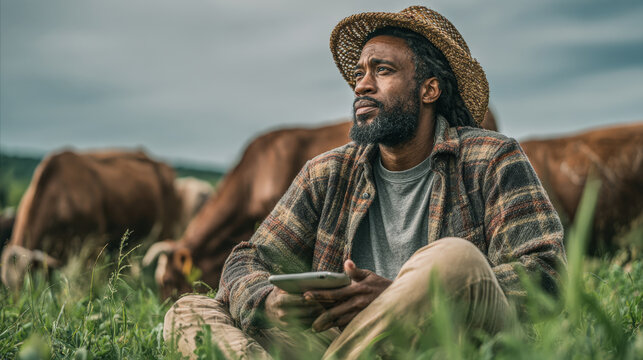 Thoughtful modern farmer sitting in a green meadow with a digital tablet while grazing cows roam in the background, professional agriculture management and innovative livestock farming technology