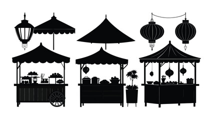 Naklejka premium Black silhouettes of Asian street food stalls.