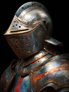 Intricate Medieval Knight Armor with Golden Engravings and Red Accents, Detailed Close-Up of Polished Steel Helmet and Gorget, Ornate Royal Plate Armor for Historical and Fantasy Concept Art Projects
