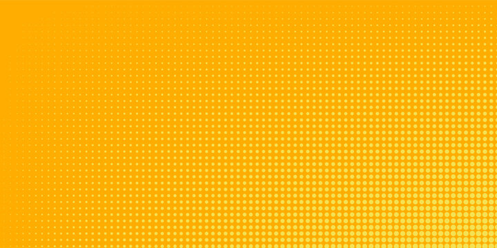 Yellow halftone pattern. Retro comic gradient background. Bright orange pixelated dotted texture overlay. Cartoon pop art faded gradient pattern. Vector backdrop for poster  banner  advertisement