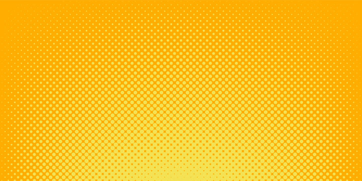Yellow halftone pattern. Retro comic gradient background. Bright orange pixelated dotted texture overlay. Cartoon pop art faded gradient pattern. Vector backdrop for poster  banner  advertisement