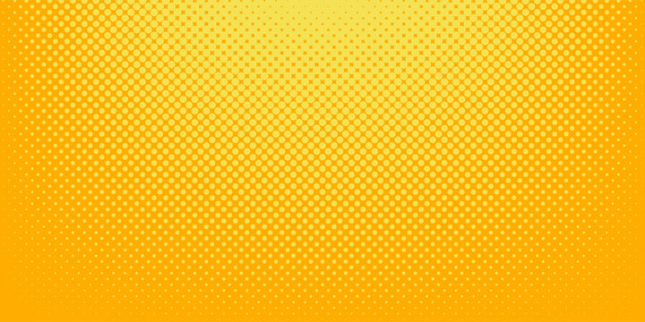 Yellow halftone pattern. Retro comic gradient background. Bright orange pixelated dotted texture overlay. Cartoon pop art faded gradient pattern. Vector backdrop for poster  banner  advertisement