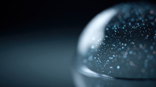 A glowing 3D digital shield protecting a floating glass sphere filled with data bits