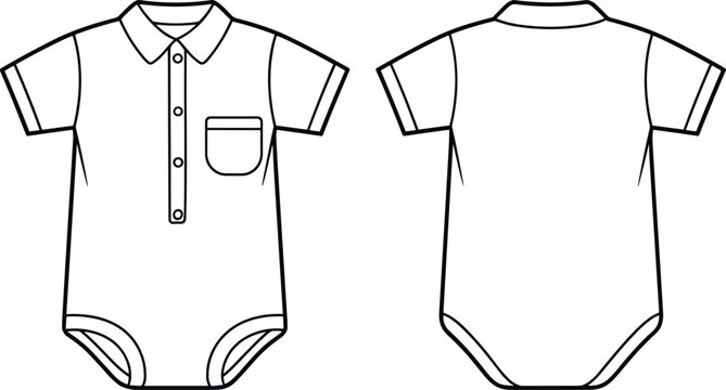 Line Art Baby Onesie with Collar and Pocket Front and Back Views romper baby clothes