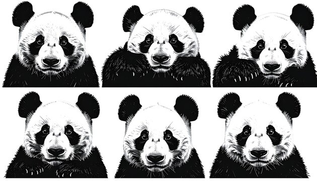 Six adorable panda faces are arranged in rows, with varied expressions and fur textures
