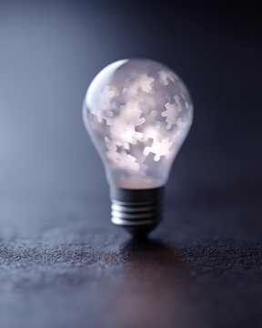 3D render of a glowing lightbulb made of digital puzzle pieces, creative learning and problem solving