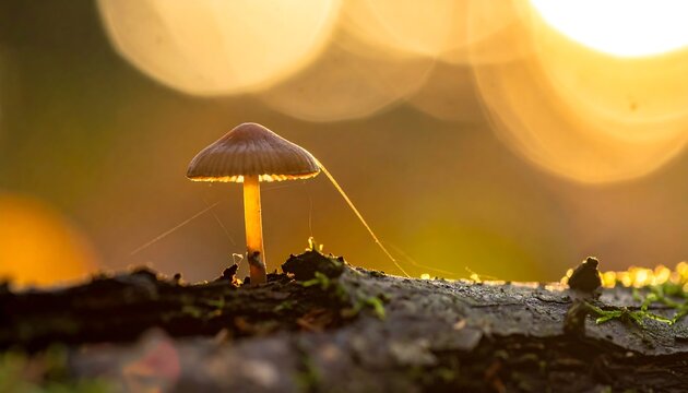 Small mushroom illuminated by golden light, resting on mossy log with bokeh background, nature scene