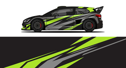Obraz premium Side view of a bold neon-green and black race car with dynamic angular graphics on a track.