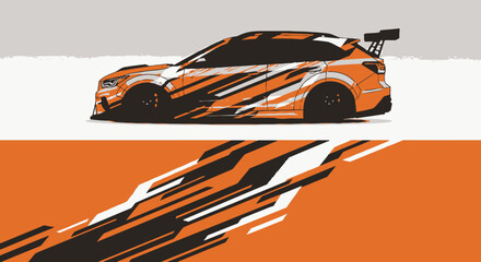 Stylized orange racing car with bold black graphics on white and orange background. © AhzaArdiansyah