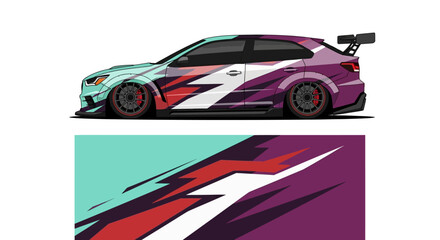 Fototapeta premium Two vibrant racing cars with bold geometric livery in a stacked split-color composition.