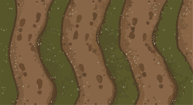 Top-down view of winding dirt paths with footprints and green grass vector