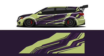 Obraz premium Stylized lime and purple racing car with bold graphics on dark backdrop.