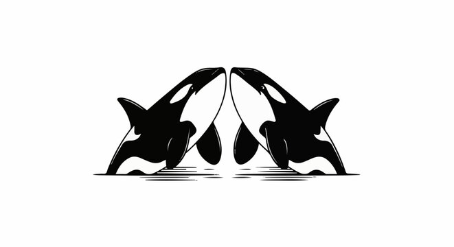 Two killer whales, black and white, facing each other with waves