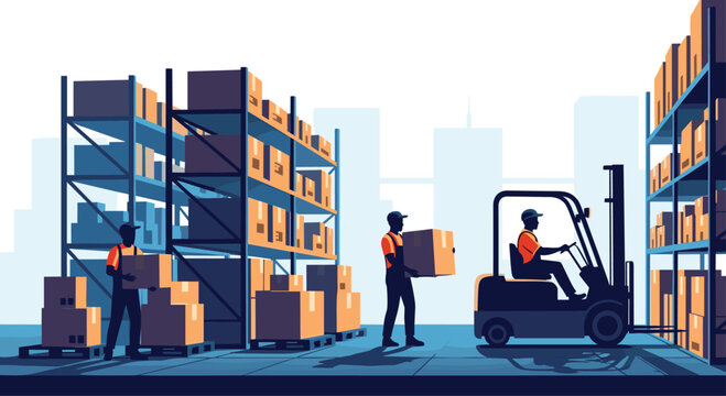 Warehouse workers are busy loading boxes onto shelves, with one operating a forklift in a large, modern logistics center.