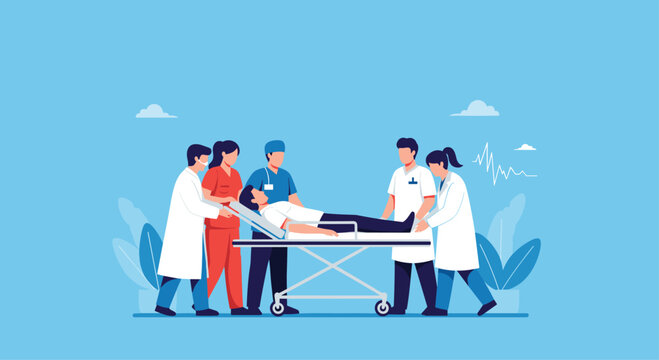 A medical team of doctors and nurses urgently transports a patient on a stretcher in a hospital emergency response situation.