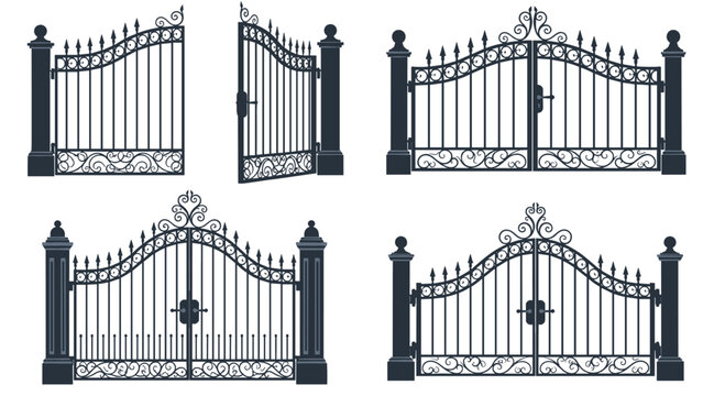 A set of four elegant and ornate black wrought iron gates in various designs, shown both open and closed with posts.