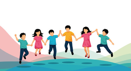 Obraz premium Group of happy, diverse children holding hands and jumping together over a colorful, abstract landscape, celebrating friendship and childhood.