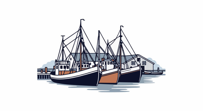 Three fishing boats docked at a harbor with buildings in the background