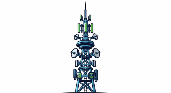 Tall blue transmission tower with satellite dishes and antennas
